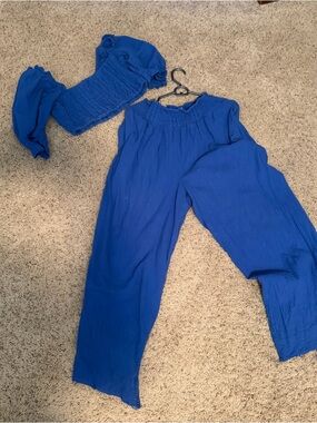 Free People Wide Leg Pants and Smocked Top in Bright Blue